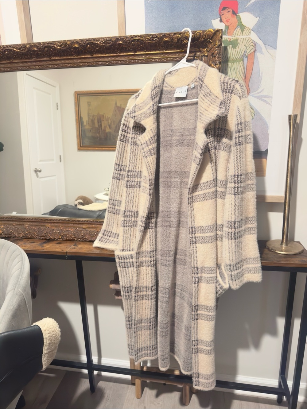 Cyrus Cream and Gray Plaid Open-Front Cardigan